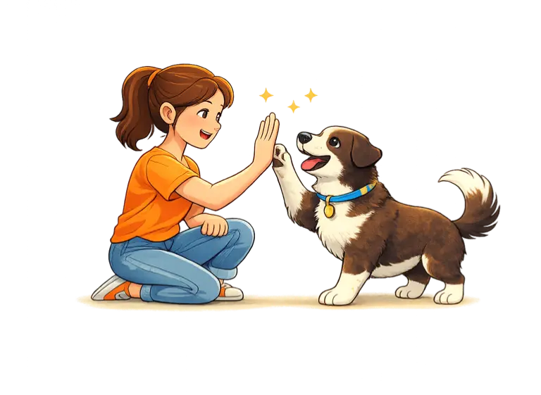 A smiling owner high-fiving her happy dog